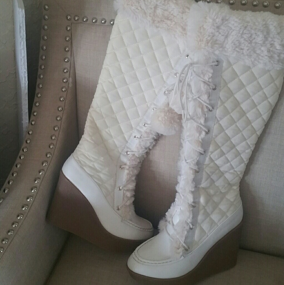 White @ white fur Haidee wedge boots #1